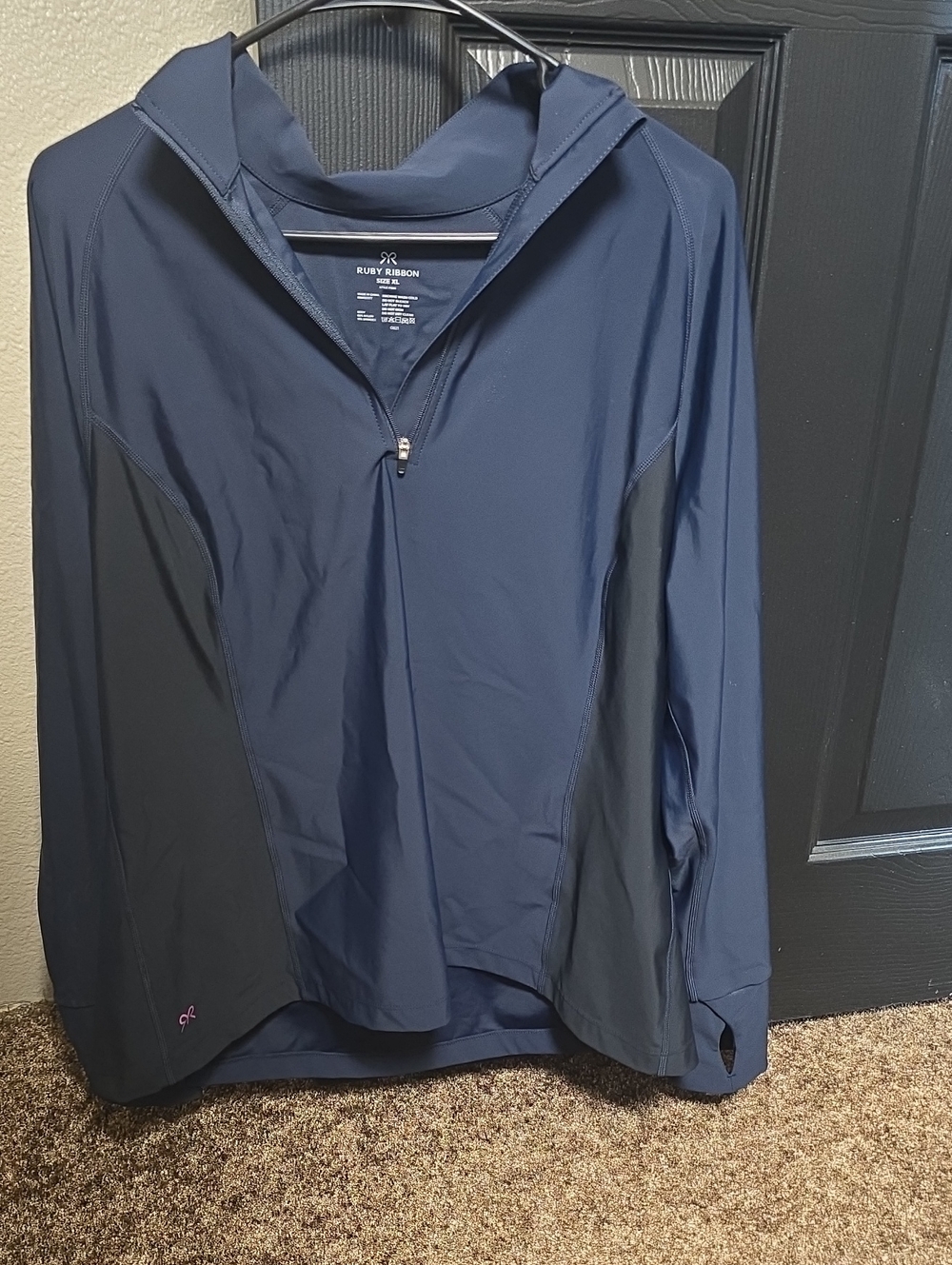 Ruby Ribbon Navy and Charcoal Hooded Half-Zip Active Top